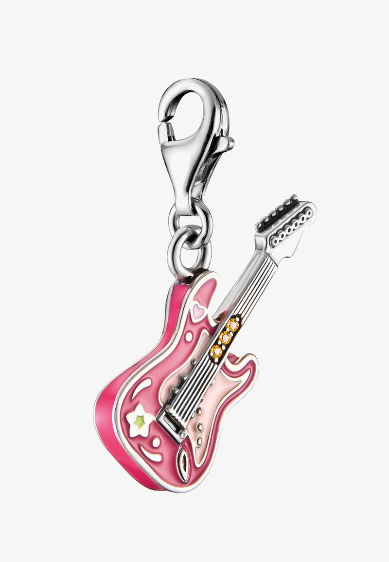 Breloque guitare électrique argentée et rose avec des cœurs et des étoiles décoratifs attachés à un fermoir homard.