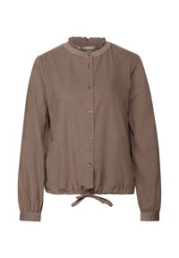 Blusa marrone a maniche lunghe realizzata in tessuto testurizzato. Presenta un colletto volant, chiusura a bottoni e un dettaglio con fiocco all'orlo.