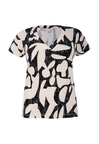 Kurzärmliges Oberteil aus leichtem Stoff, mit einem abstrakten Muster in Schwarz und Creme, V-Ausschnitt und lockerer Passform.
