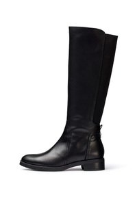 Bottes noires montantes en cuir lisse, avec un petit talon carré et une fermeture éclair sur le côté. La partie supérieure a une finition mate avec un léger éclat.