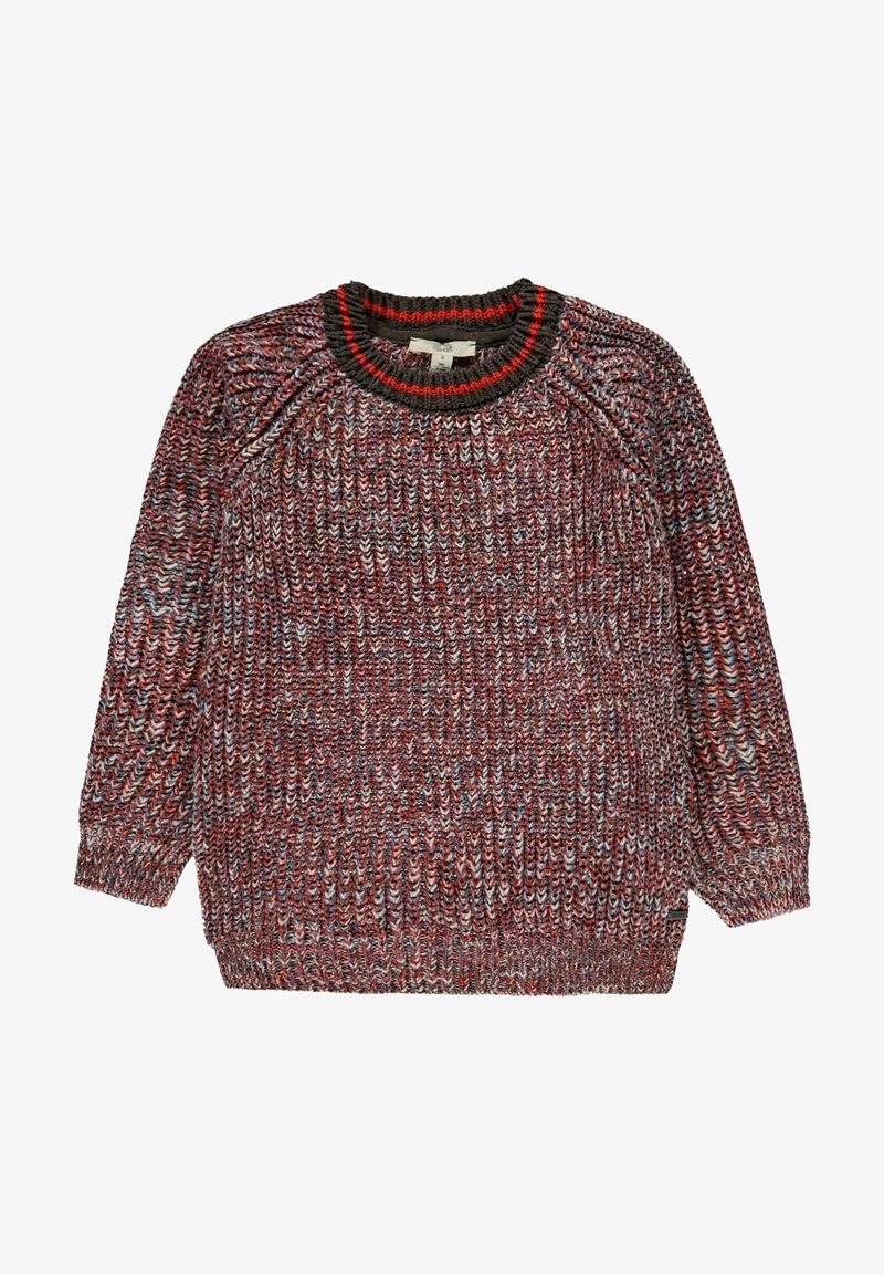 Pull en maille épaisse à manches longues aux tons mélangés rouge, marron et gris, avec un col rond côtelé foncé avec des rayures rouges.