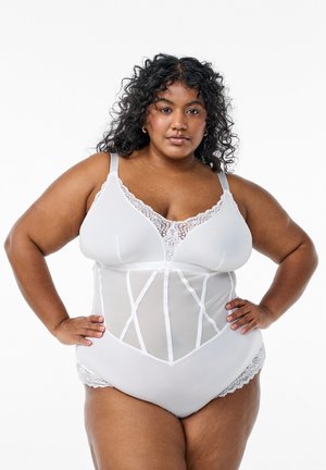 White lingerie set featuring a sheer mesh bodice with lace accents, adjustable straps, and a structured design for support.
