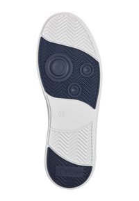 Semelle d'une chaussure s. Oliver avec un design blanc et marine, surface texturée à motif chevrons et trois accents circulaires. Taille indiquée 37.