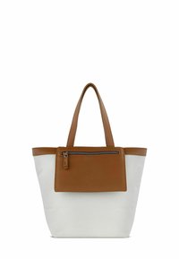 Tote bag van off-white canvas met bruine leren accenten. Voorzien van twee stevige handvatten en een voorvak met ritssluiting. Soepele textuur en eenvoudig ontwerp.