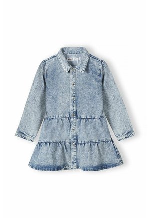Robe en denim à manches longues, de couleur bleu clair, col chemise, fermeture boutonnée à l'avant et détail d'ourlet à volants étagés.