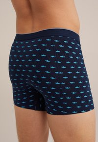 Jūras spēku bokseršorti ar atkārtotu mazu gaiši zilu haizivju rakstu. Audums ir elastīgs, ar mīkstu jostu un gludu tekstūru.