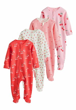 Four baby footed pajamas in red, white, pink with cherry and checkered patterns, displayed front-facing and overlapping.