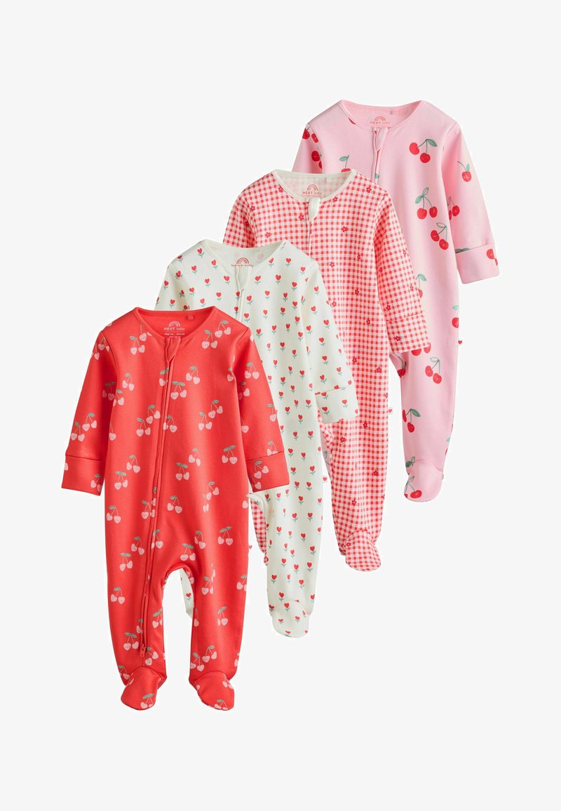 Quatre pyjamas bébé avec pieds en rouge, blanc, rose avec des motifs cerises et à carreaux, affichés de face et superposés.