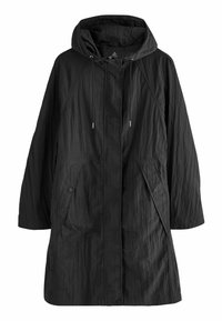 Veste noire à capuche en tissu texturé. Caractéristiques : manches raglan, deux poches avant et fermeture par bouton, offrant une coupe décontractée.