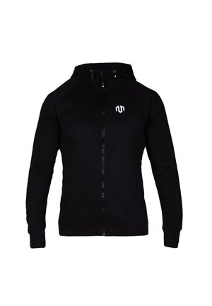 Black zip-up hoodie made of soft, flexible material. Features a hood, long sleeves, and a front zip closure. White logo on the chest.
