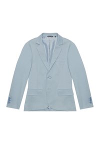 Blazer azzurro chiaro con rever a punta, bottone singolo e due tasche frontali. Presenta una texture liscia e dettagli con quattro bottoni sui polsini.