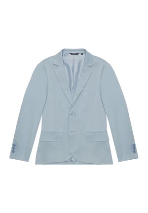 Blazer azzurro chiaro con rever a punta, bottone singolo e due tasche frontali. Presenta una texture liscia e dettagli con quattro bottoni sui polsini.