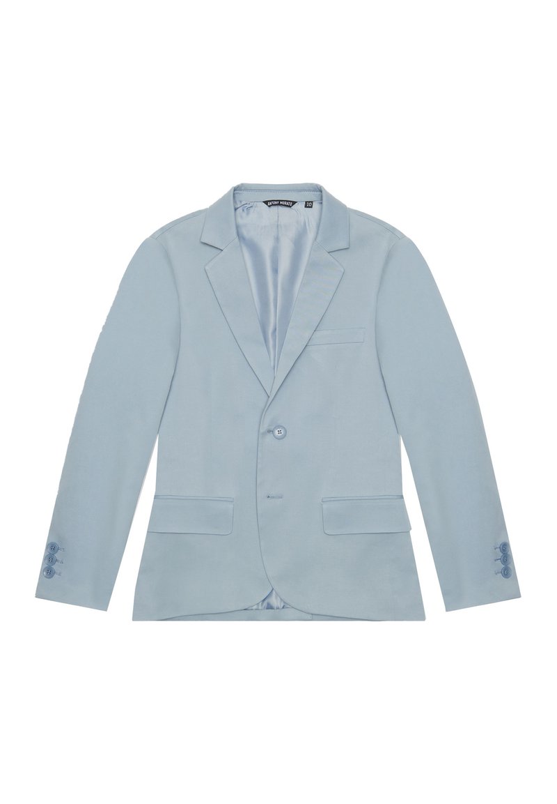 Blazer azzurro chiaro con rever a punta, bottone singolo e due tasche frontali. Presenta una texture liscia e dettagli con quattro bottoni sui polsini.
