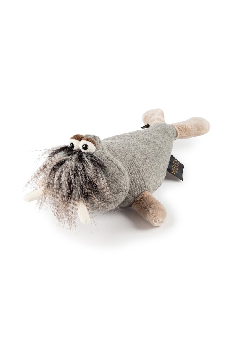 Gray plush walrus toy with a textured body, soft beige fins, large round eyes, and a fluffy mustache. Features small tusks and a brand tag.
