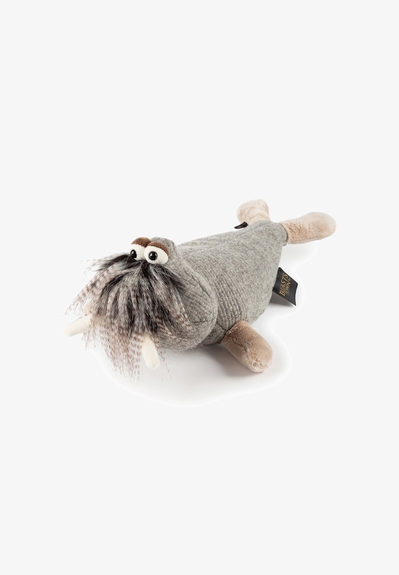 Gray plush walrus toy with a textured body, soft beige fins, large round eyes, and a fluffy mustache. Features small tusks and a brand tag.