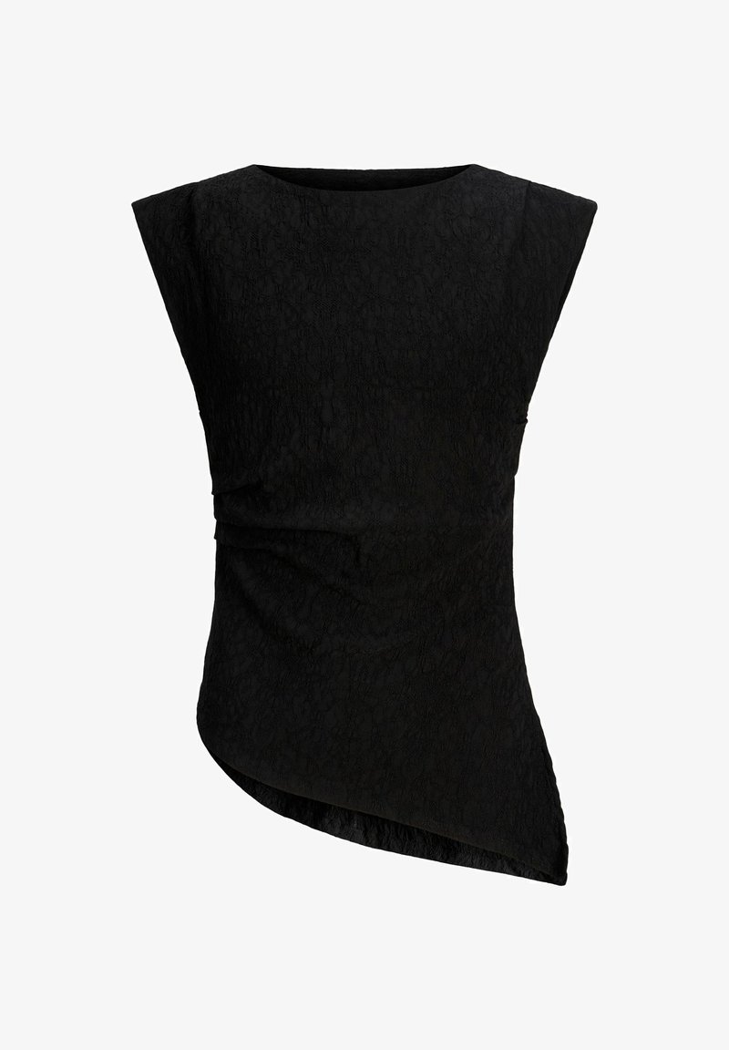 Haut noir sans manches à la texture discrète, avec des épaules larges, une taille drapée et un ourlet asymétrique.
