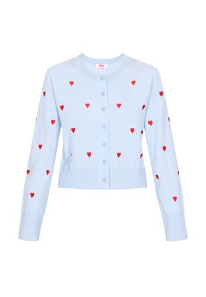 Cardigan azzurro chiaro con maniche lunghe, chiusura a bottoni e motivi a cuore rossi. Presenta polsini e orlo a costine. Realizzato in materiale knit morbido.