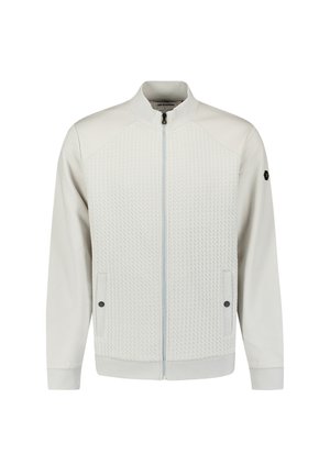Hellegraue Zip-Jacke mit strukturiertem Vorderteil, gerippten Bündchen und Saum, seitlichen Taschen und Stehkragen. Verfügt über dezente Markenzeichen am Ärmeln.