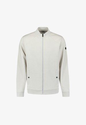 Light gray zip-up jacket with textured front, ribbed cuffs and hem, side pockets, and a stand-up collar. Features subtle branding on sleeve.