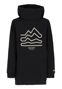 Schwarze Jacke mit hohem Kragen, elastischen Bündchen und einem großen Bergmotiv in Grau. Auffällige Markenkennzeichnung am unteren Rand.