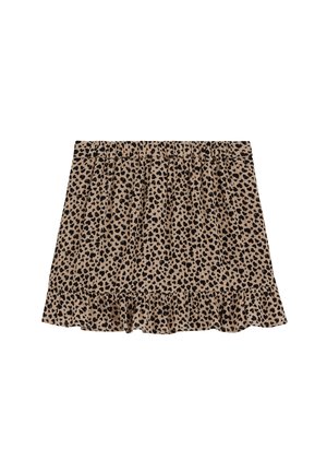 Beżowa mini spódnica w czarne cętki lamparta, z elastycznym paskiem i falbaną na dole.