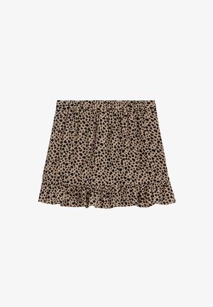 Mini-jupe beige à imprimé léopard noir, taille élastique et ourlet à volants.