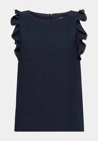 Blouse sans manches bleu marine avec des détails volantés le long des emmanchures et un col rond.