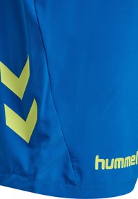 Bermudas deportivas azules con patrones en forma de chevron amarillos y logotipo, hechas de un tejido suave con un ajuste entallado y detalles de costura limpia.