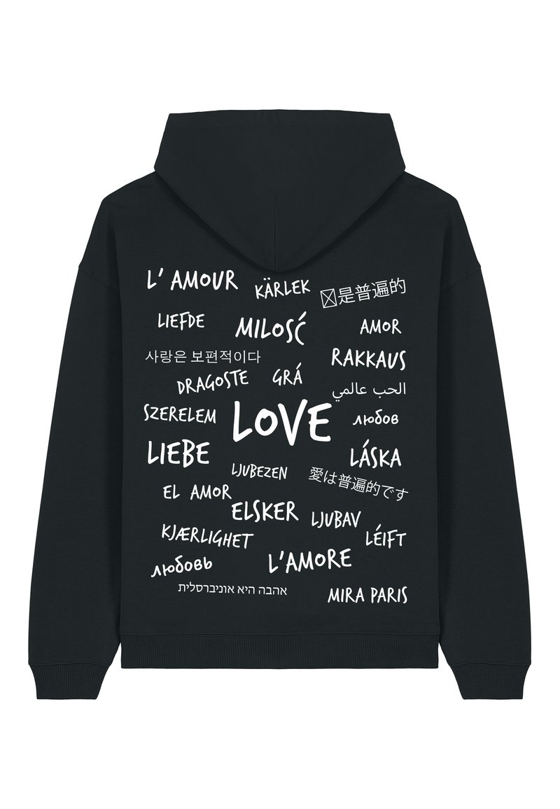 Black hoodie featuring various translations of "love" in white text; includes diverse fonts and sizes against a solid background.