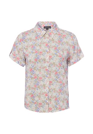 Koszula z krótkim rękawem na guziki, z pastelowym różowym, niebieskim i beżowym kwiatowym wzorem na jasnym tle i szpiczastym kołnierzykiem.