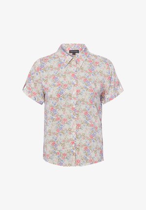 Overhemd met korte mouwen en knopen, met een pastelroze, blauwe en beige bloemenpatroon op een lichte achtergrond en een puntige kraag.