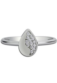 Bague en argent avec un design en forme de goutte, finition polie, ornée de petites pierres précieuses claires disposées en motif incurvé.