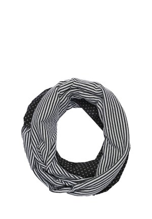 Black and white infinity scarf featuring alternating broad stripes and small dot patterns, made of soft fabric with a lightweight texture.