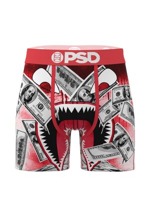 Red PSD boxer briefs featuring a shark mouth graphic and scattered US hundred-dollar bills design.