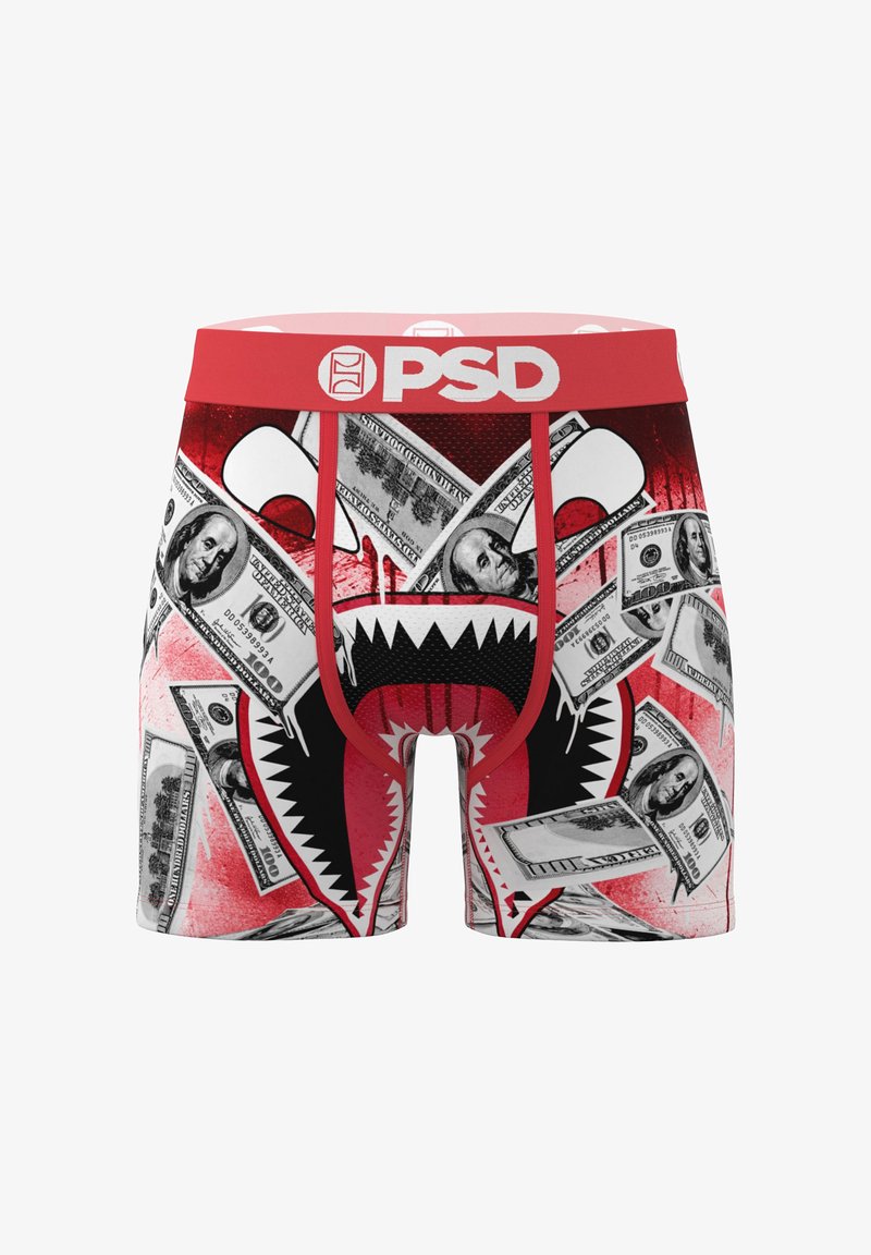 Rode PSD-boxershorts met een haaienbekafbeelding en een design met verspreide Amerikaanse honderd-dollarbiljetten.