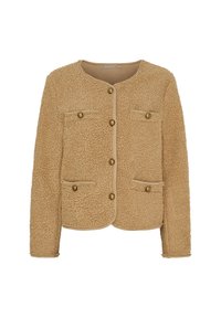 Beige fuzzy jakke med rund halsudskæring, frontlukning med knapper, to brystlommer og dekorerende guldtonede knapper. Blød tekstur.