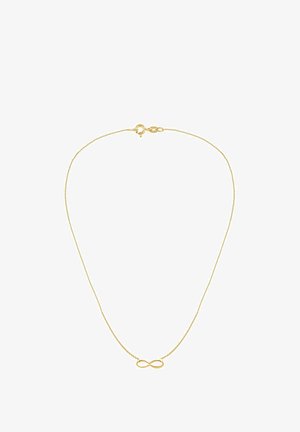 Collana tono oro caratterizzata da una catena sottile e un ciondolo a forma di simbolo dell'infinito al centro. Texture liscia con un design delicato.