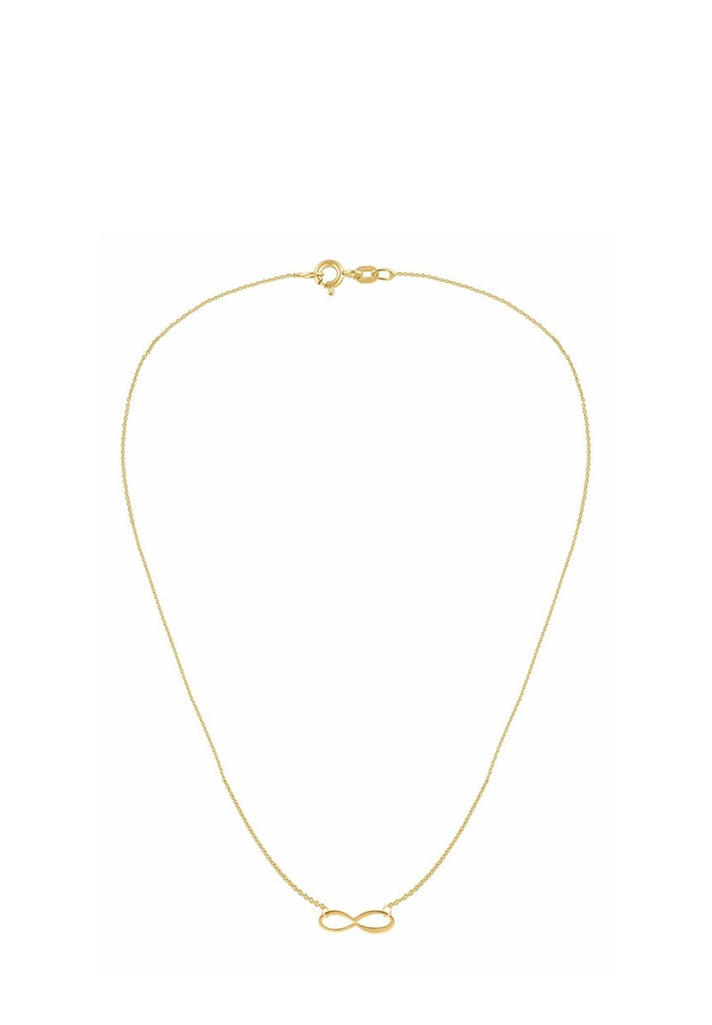 Naszyjnik w złotym odcieniu z cienkim łańcuszkiem i zawieszką w kształcie nieskończoności na środku. Gładka faktura z delikatnym wzorem.