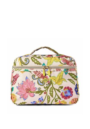 Trousse de maquillage rectangulaire à motif floral avec des fleurs roses, bleues, jaunes et vertes, une poignée sur le dessus et deux curseurs de fermeture éclair jaunes.