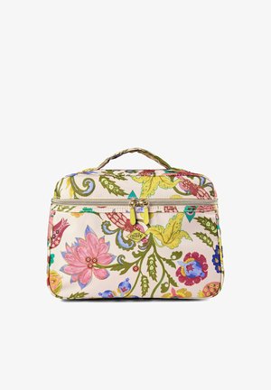 Trousse de maquillage rectangulaire à motif floral avec des fleurs roses, bleues, jaunes et vertes, une poignée sur le dessus et deux curseurs de fermeture éclair jaunes.