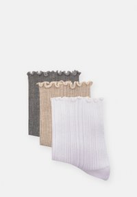 Three pairs of ribbed socks in gray, beige, and white, featuring a frilled top edge, made from soft, stretchy material.