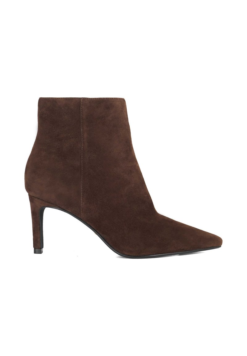 Brown suede ankle boot with pointed toe and slim mid-height heel, side view on a white background.