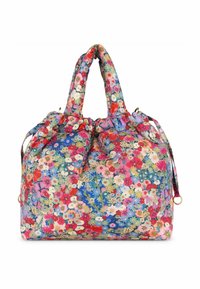 Bloemrijke draagtas met een trekkoordopeningen, voorzien van een multicolor print van kleine bloemen op een lichte achtergrond. Van stof; met twee handvatten.