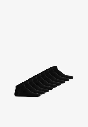 Schwarze Knöchelsocken in einer Reihe angeordnet, mit einer glatten Textur und einem gerippten Bündchen für einen sicheren Sitz. Set aus zehn Paaren.