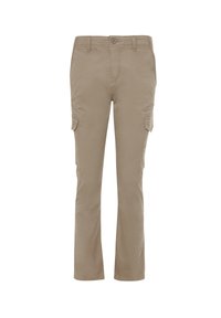 Beige cargobukser i bomuldsblanding med to sidelommer og lige ben. Glat tekstur med knap- og lynlåslukning.