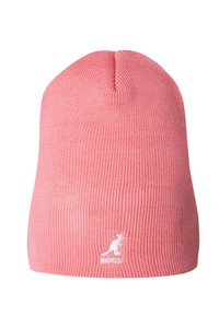 Kangol pink beanie hat made of ribbed knit material, featuring a rounded crown and small white logo on the front.