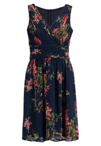 Robe bleu marine sans manches avec décolleté en V, corsage plissé et imprimé floral rose avec feuilles vertes, dotée d'une taille cintrée et d'une jupe fluide.