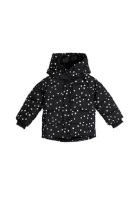 Sort pufferjakke med hætte, der har et quiltet design og hvide prikker. Mansjetterne og kanten har elastiske detaljer for en sikker pasform.