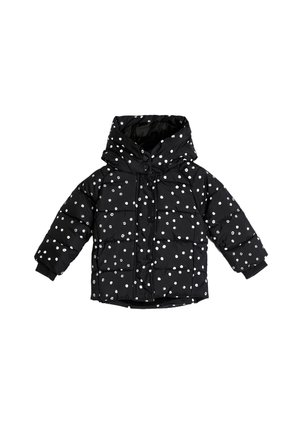 Schwarze Pufferjacke mit Kapuze, mit gestepptem Design und weißen Punkten. Die Bündchen und der Saum sind mit elastischen Details für einen sicheren Sitz ausgestattet.