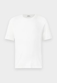 Plain white short-sleeve crew neck t-shirt with a ribbed texture and brand label inside the collar.